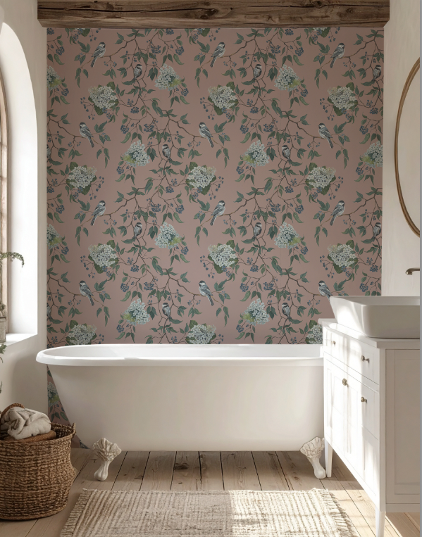 Bathroom with floral wallpaper, freestanding bathtub, and wooden floor.