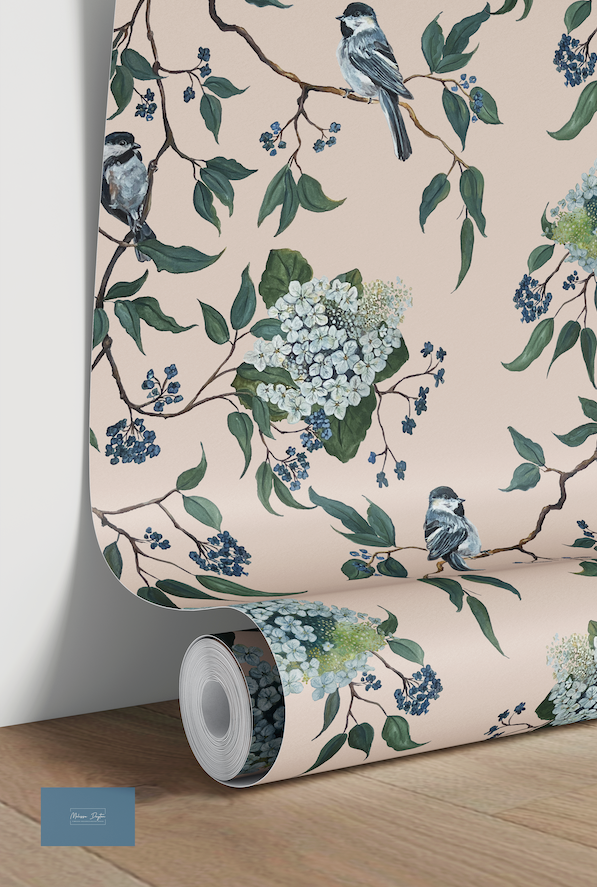 Roll of wallpaper with floral and bird design on a beige background