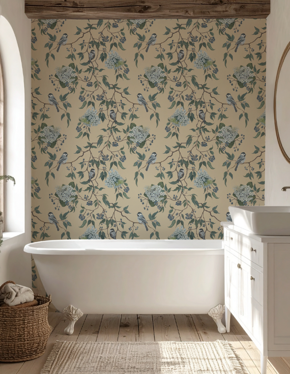 Bathroom with floral wallpaper, white bathtub, and wooden floor.