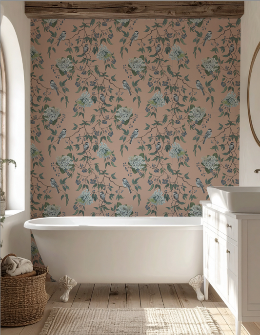 Bathroom with floral wallpaper, freestanding bathtub, and wooden floor.