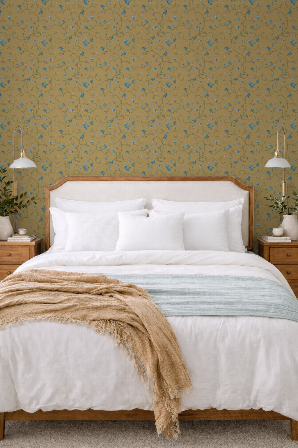 Bedroom with a wooden bed, white bedding, and patterned green wallpaper.