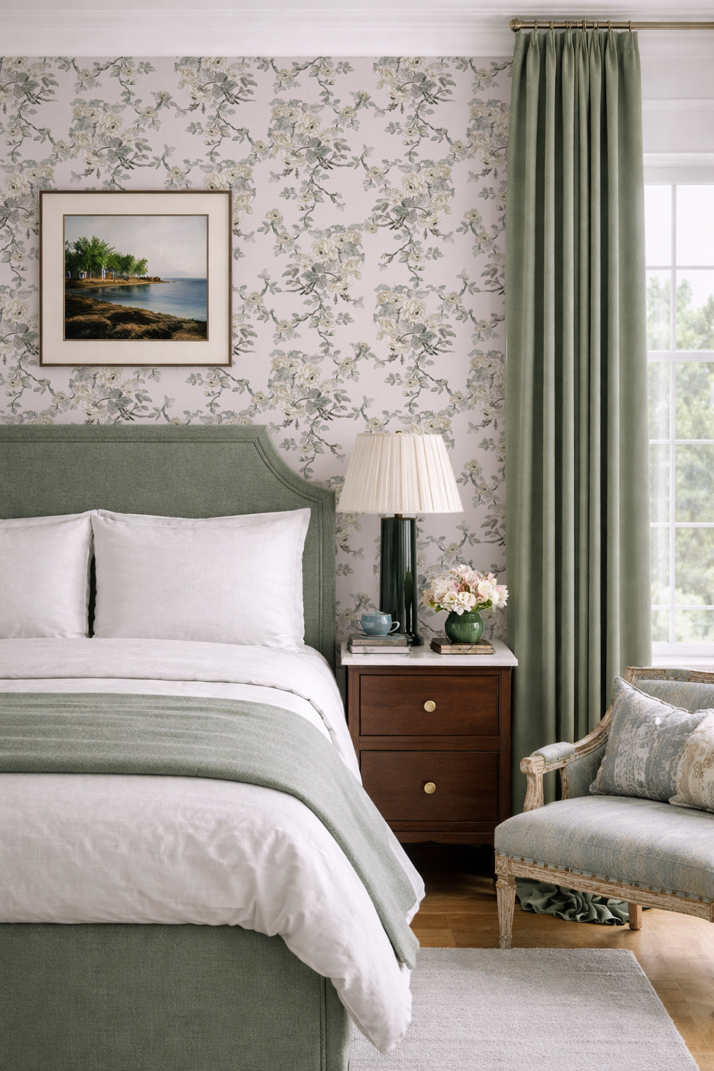green_bed_mockup_garden_blush pink wallpaper trailing roses and vine. The Garden Room Wallpaper Weeping Floral – Blush & Sage Floral | Traditional Coastal Cottage Melissa Dayton Wallpaper