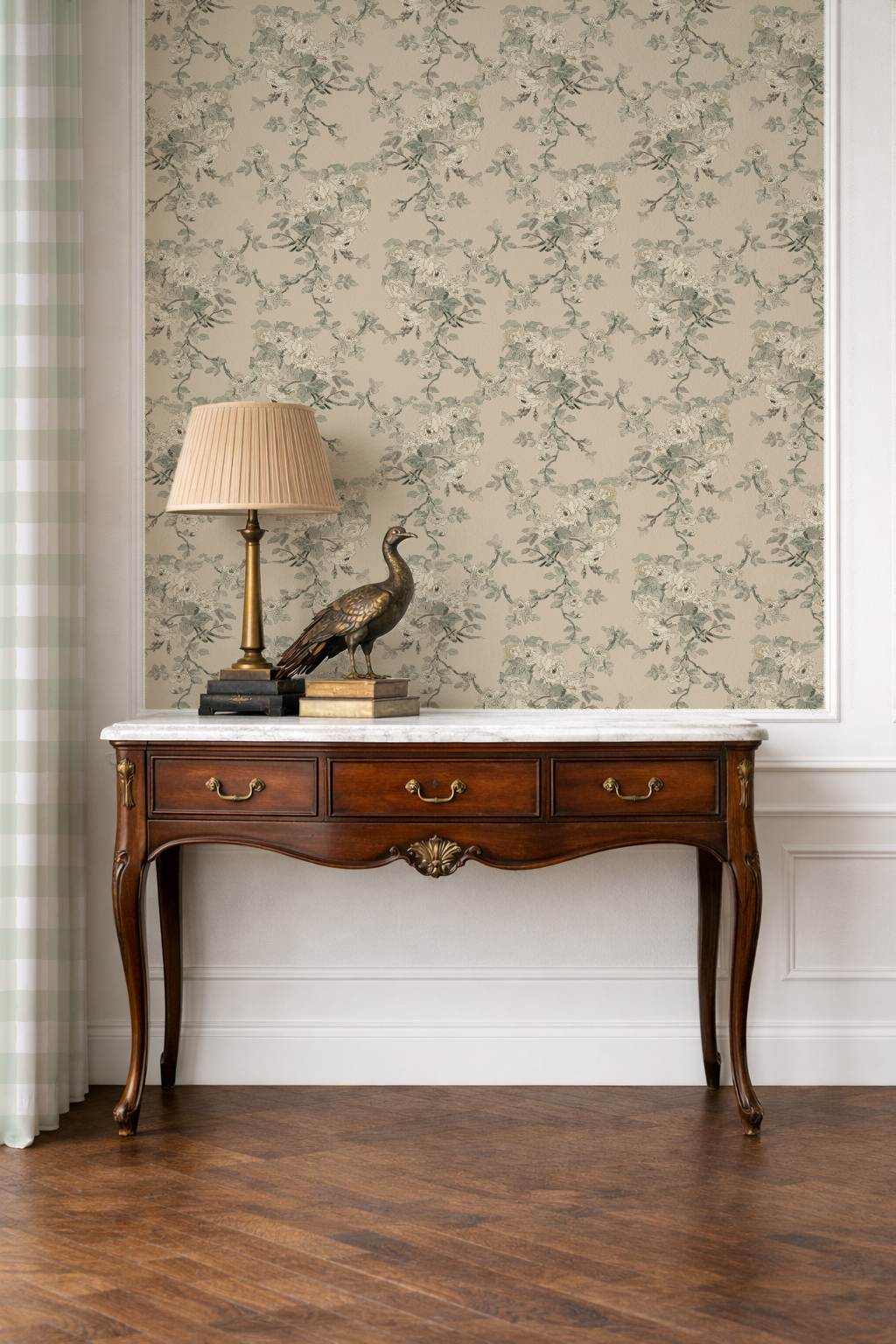 The Garden Room Weeping Wallpaper – Cream, Sage & Carmel Floral | Traditional Coastal Cottage Melissa Dayton Wallpaper table_peacock_mock_up_garden_carmel