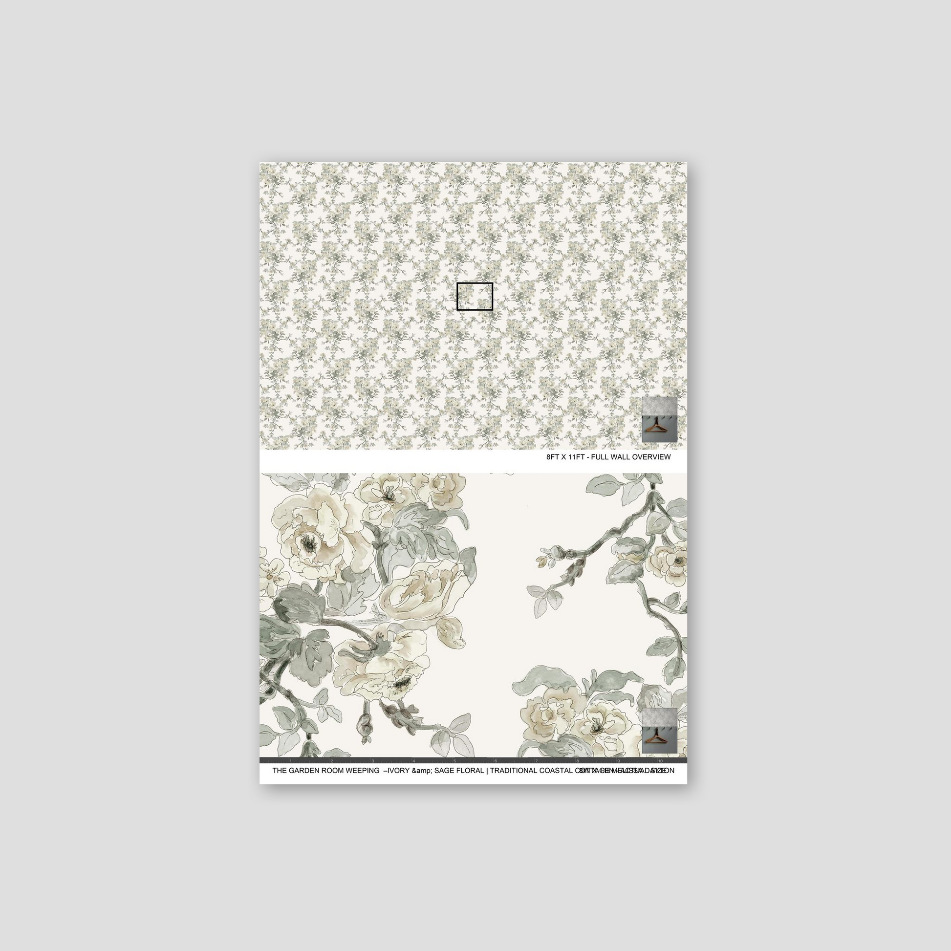 Floral wallpaper sample with a gray background