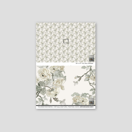 Floral wallpaper sample with a gray background