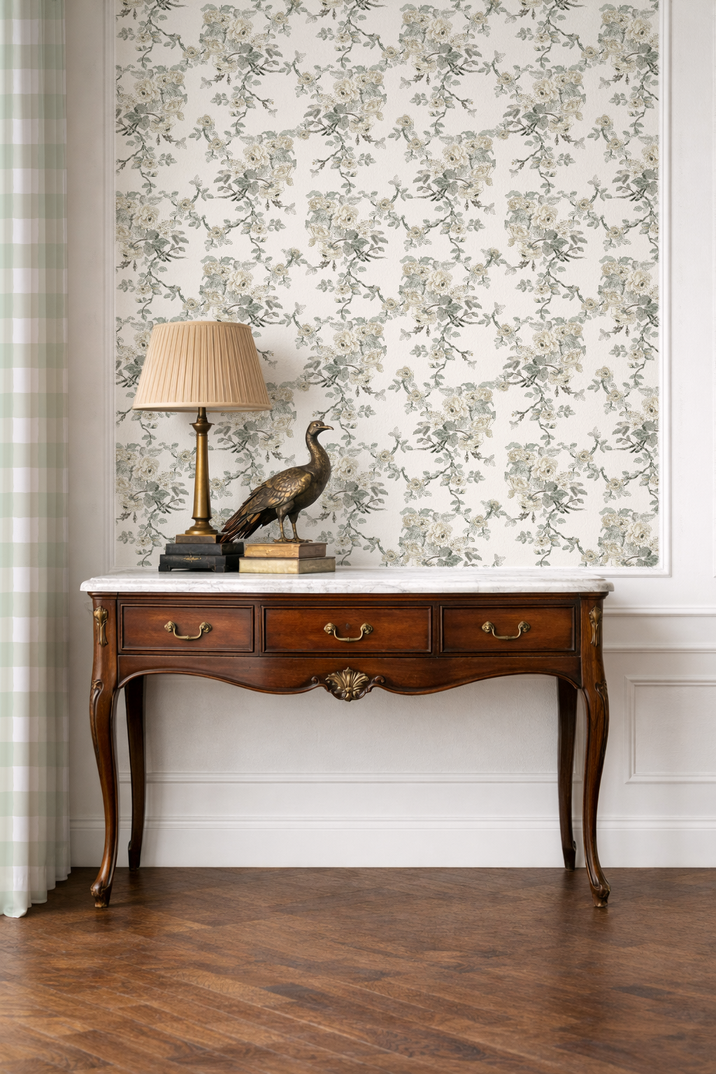 table_peacock_mock_up_garden_sea_foam The Garden Room Weeping Wallpaper –Ivory & Sage Floral | Traditional Coastal Cottage Melissa Dayton Wallpaper