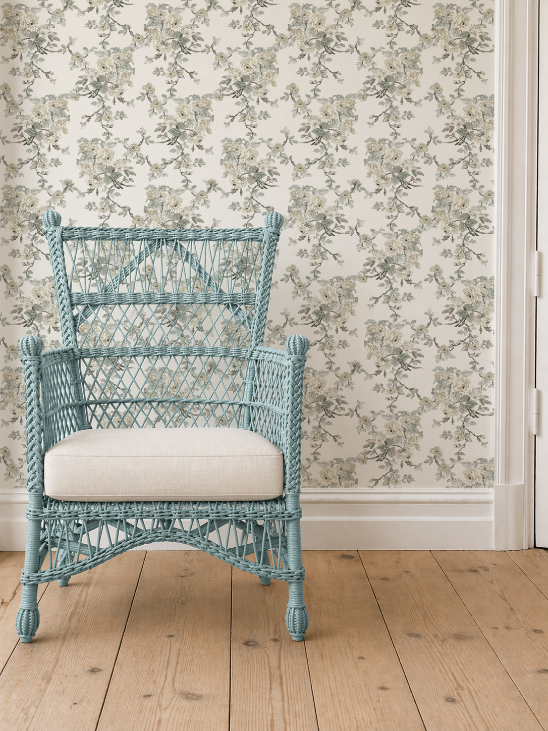 mock_up_blue_wicker_with_cushion_garden_The Garden Room Weeping Wallpaper –Ivory & Sage Floral | Traditional Coastal Cottage Melissa Dayton Wallpaper