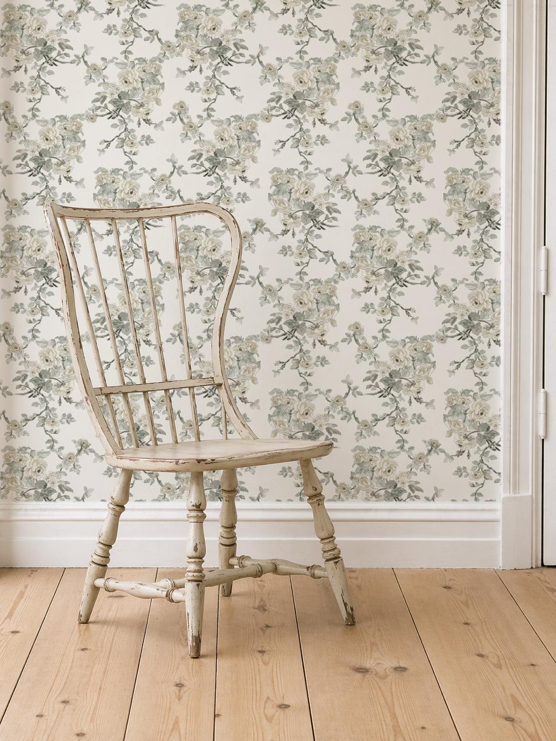 windsor_chair_mock_up_The Garden Room Weeping Wallpaper –Ivory & Sage Floral | Traditional Coastal Cottage Melissa Dayton Wallpaper