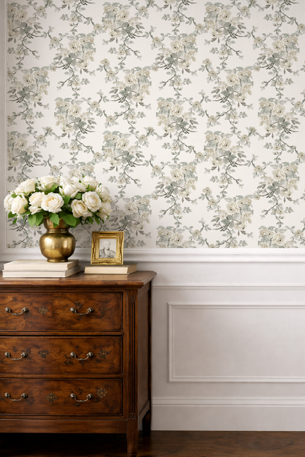 foyer_dresser_mockup_trailing roses The Garden Room Weeping Wallpaper –Ivory & Sage Floral | Traditional Coastal Cottage Melissa Dayton Wallpaper