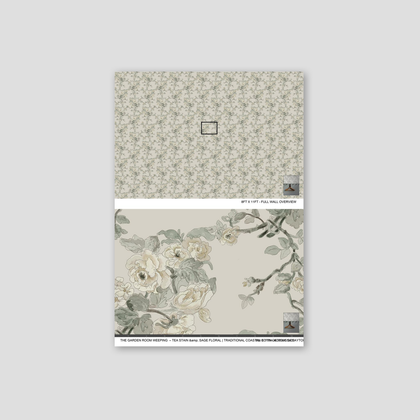 Floral patterned wallpaper sample on a gray background