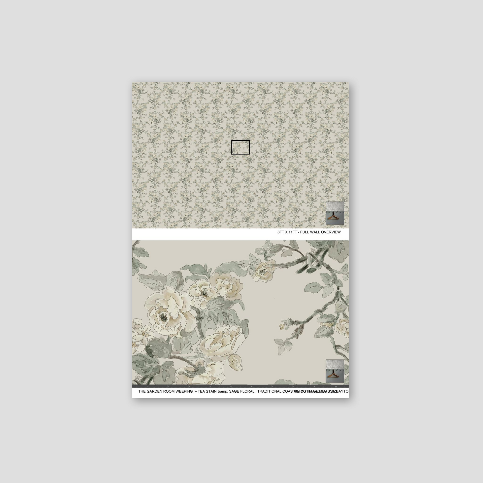 Floral patterned wallpaper sample on a gray background