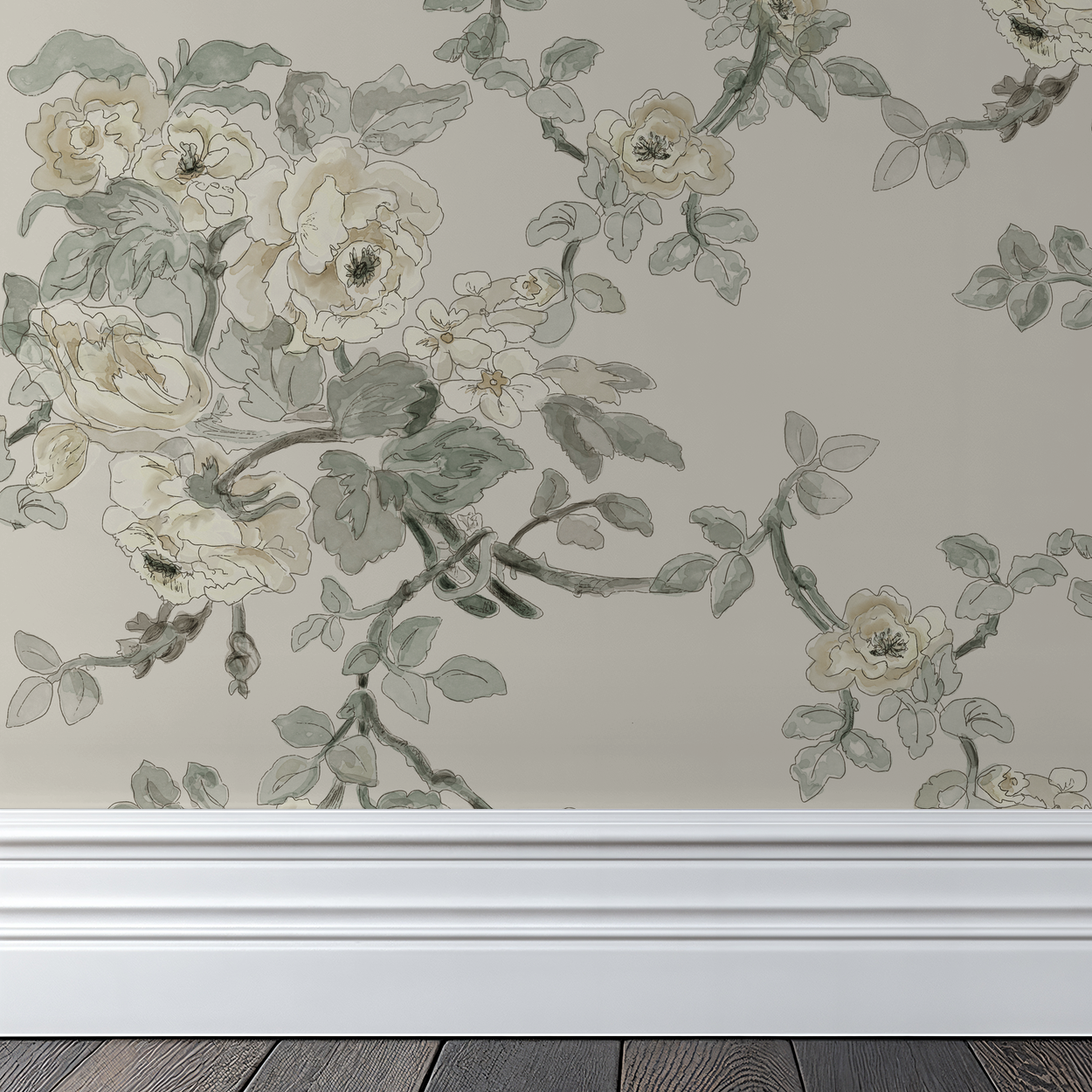 Floral wallpaper with beige flowers and green leaves on a light gray background.