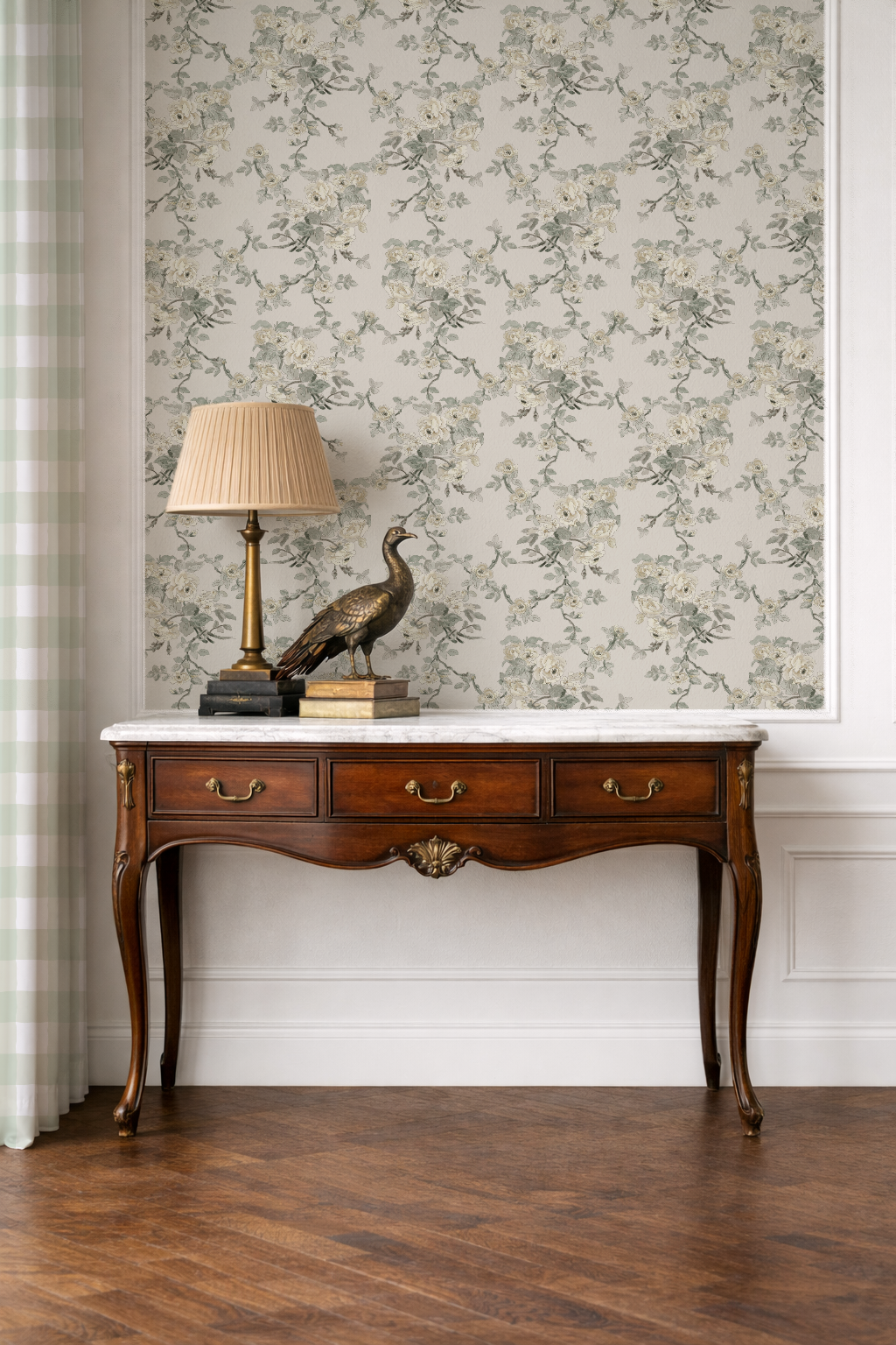 table with peacock in front of climbing roses The Garden Room Weeping Wallpaper – Tea Stain & Sage Floral | Traditional Coastal Cottage Melissa Dayton Wallpaper