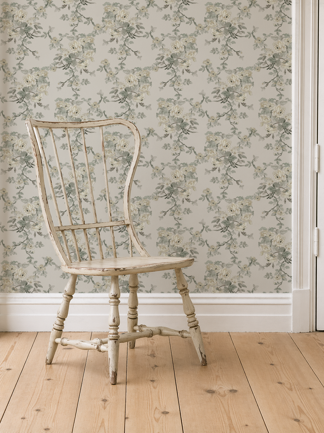 windsor_chair_mock_up_Garden_tea stain The Garden Room Weeping Wallpaper – Tea Stain & Sage Floral | Traditional Coastal Cottage Melissa Dayton Wallpaper
