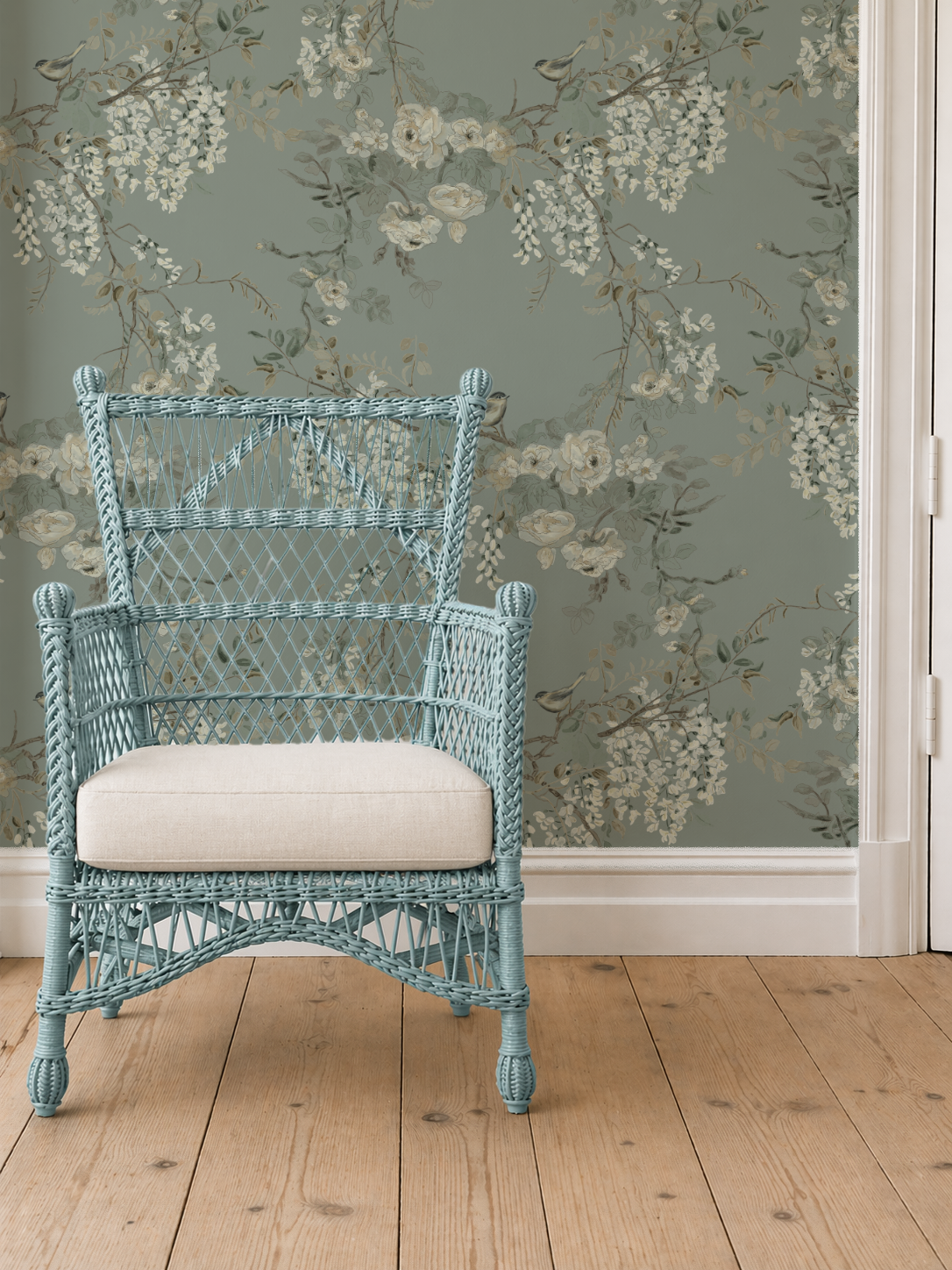 The Morning Room Wallpaper –Cream & Sage Floral & Bird | Traditional Coastal Cottage  Melissa Dayton Wallpaper mock_up_blue_wicker_with_cushion_morning_green 