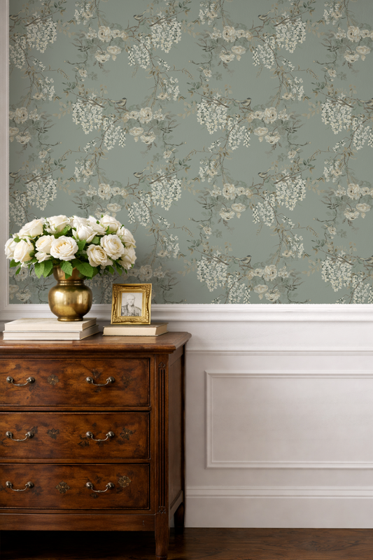 The Morning Room Wallpaper –Cream & Sage Floral & Bird | Traditional Coastal Cottage  Melissa Dayton Wallpaper foyer_dresser_mockup_mr_gr