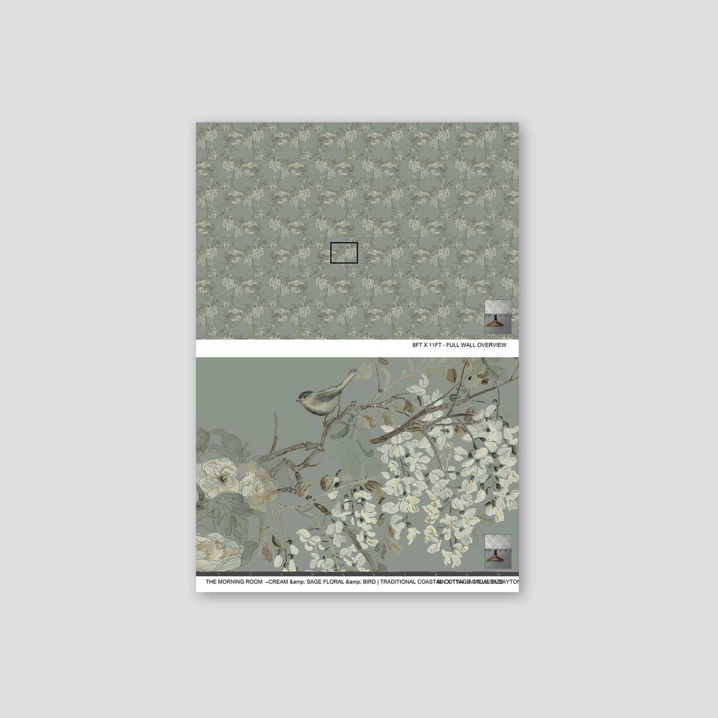 Wallpaper sample with floral design on a gray background