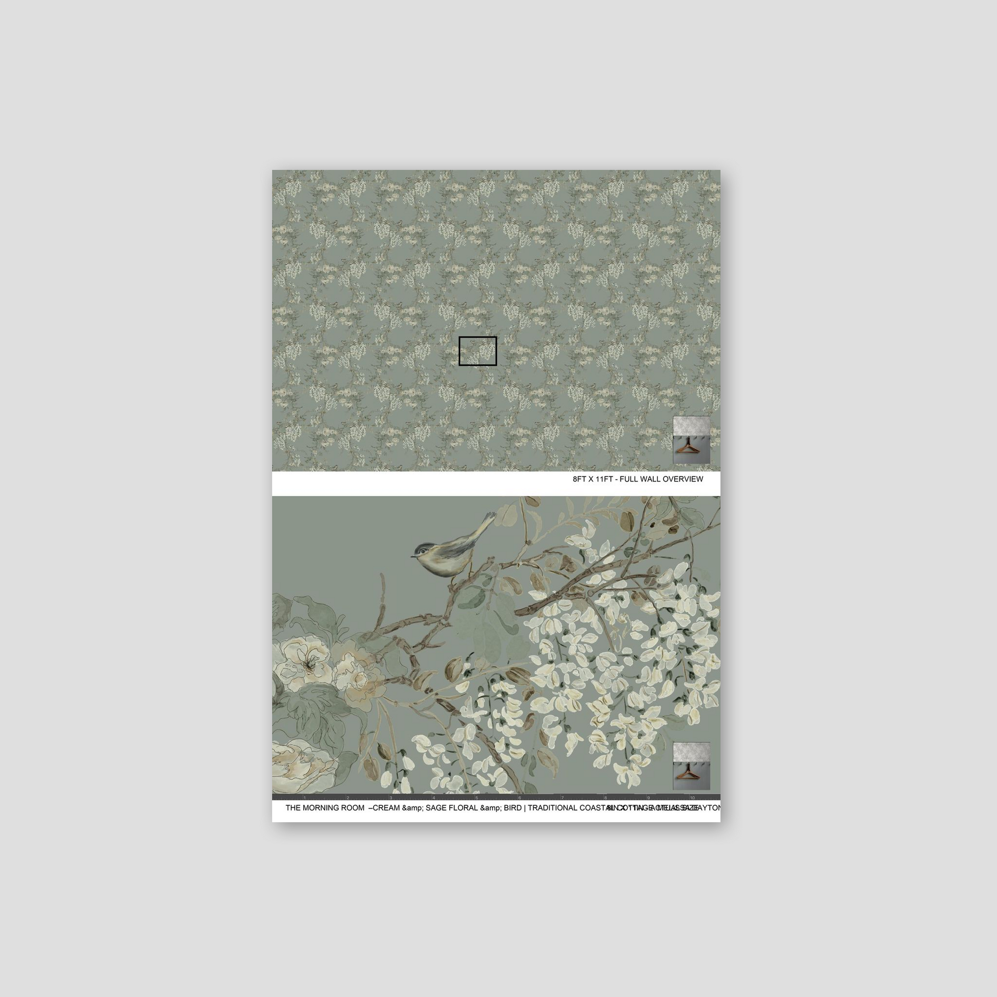 Wallpaper sample with floral design on a gray background