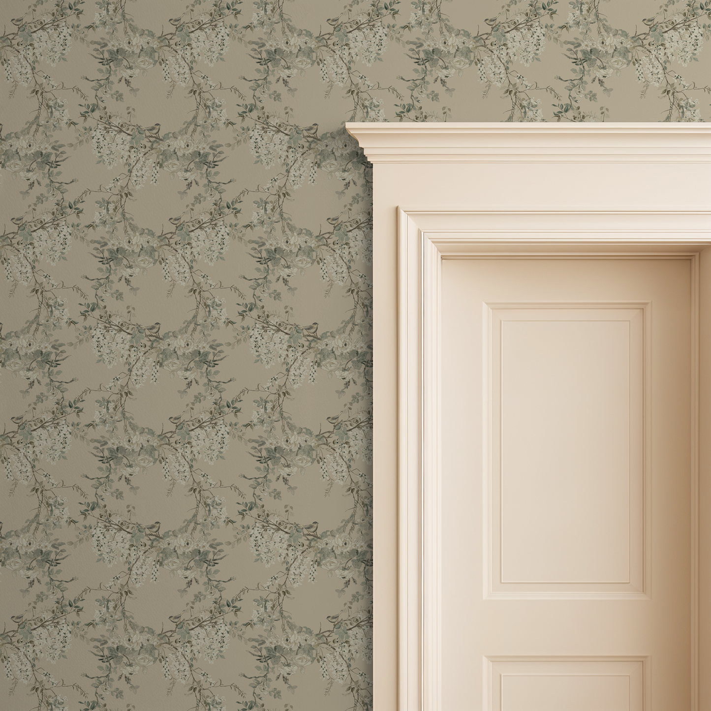 Wallpaper with a floral pattern on one side and a plain door on the other.