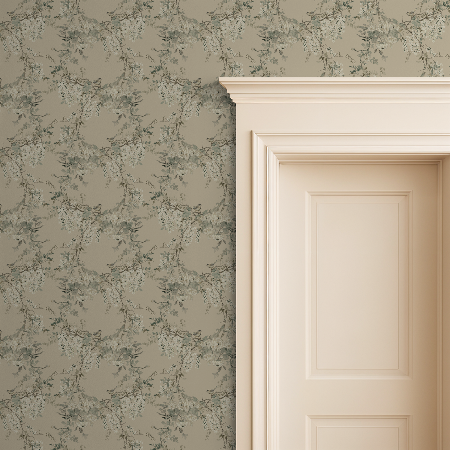 Wallpaper with a floral pattern on one side and a plain door on the other.