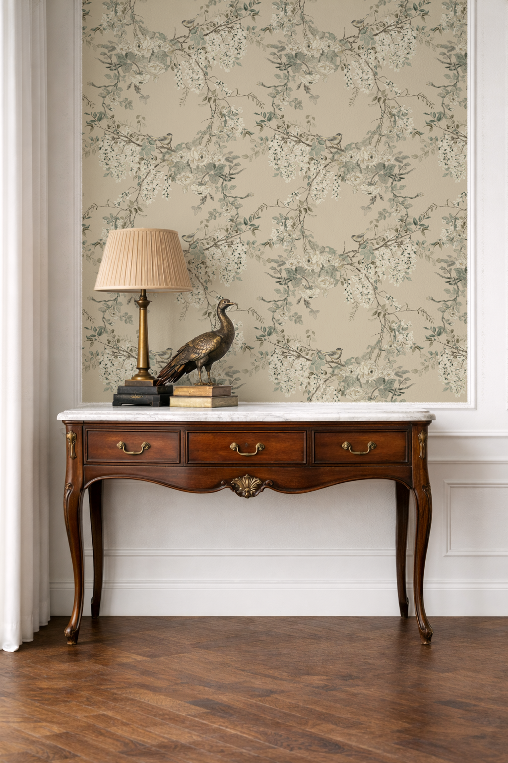 The Morning Room Weeping Wallpaper – Caramel & Cream Floral & Bird | Traditional Cottage Melissa Dayton Wallpaper table_peacock_mock_up_morning_tea