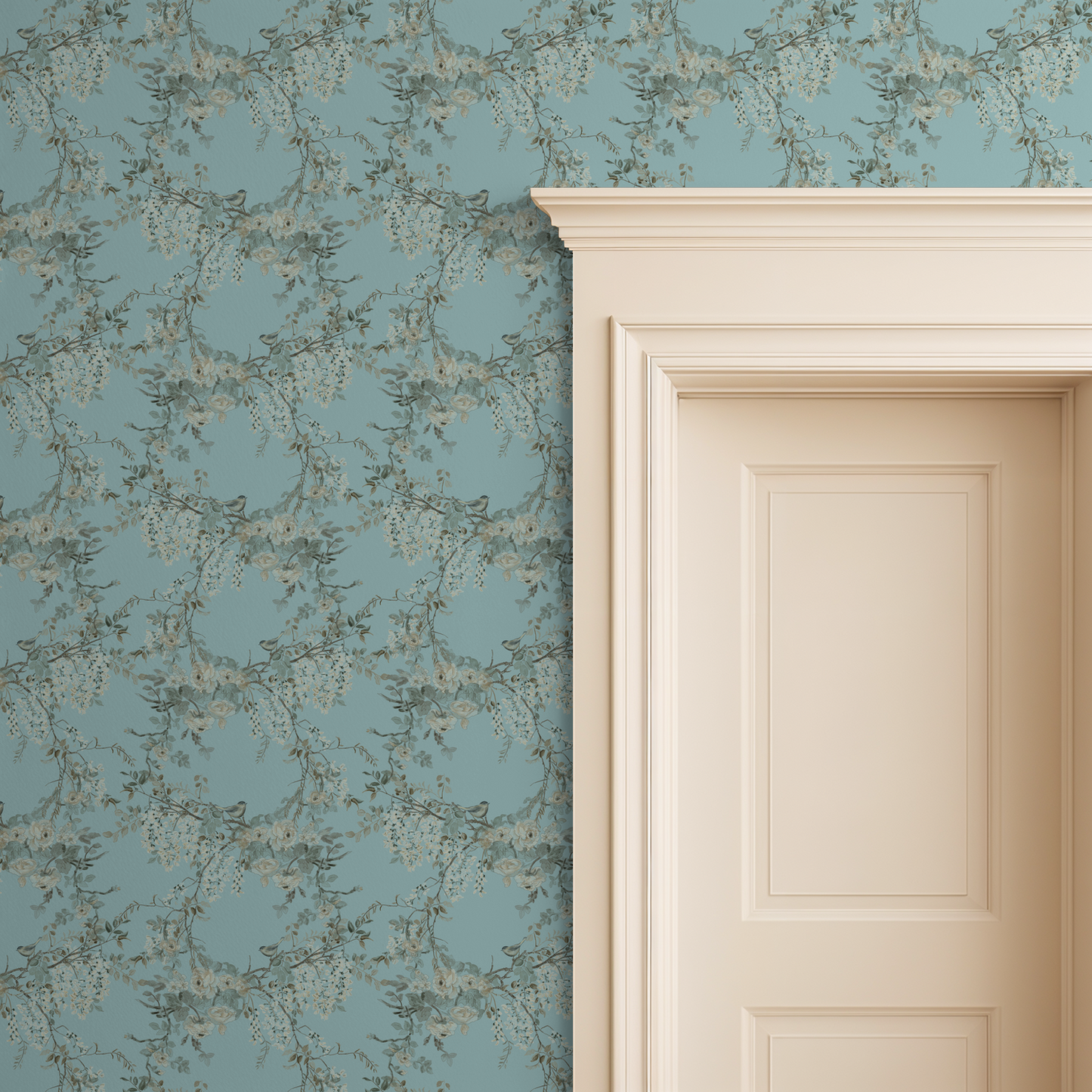 Floral wallpaper with a blue background and a white door.