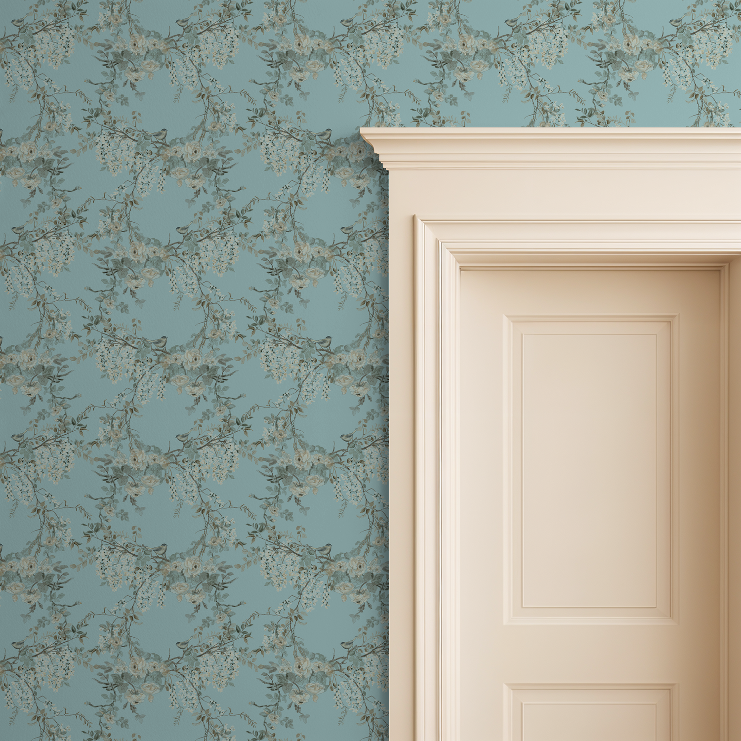 Floral wallpaper with a blue background and a white door.