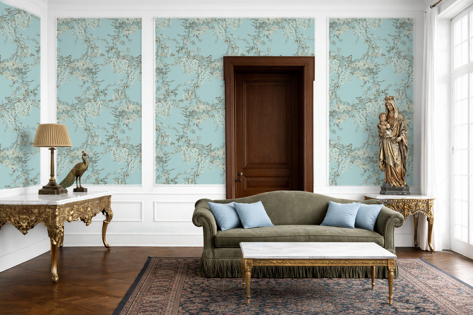 liviing room with blue wallpaper The Morning Room | Weeping Wallpaper Melissa Dayton | VanGough Blue
