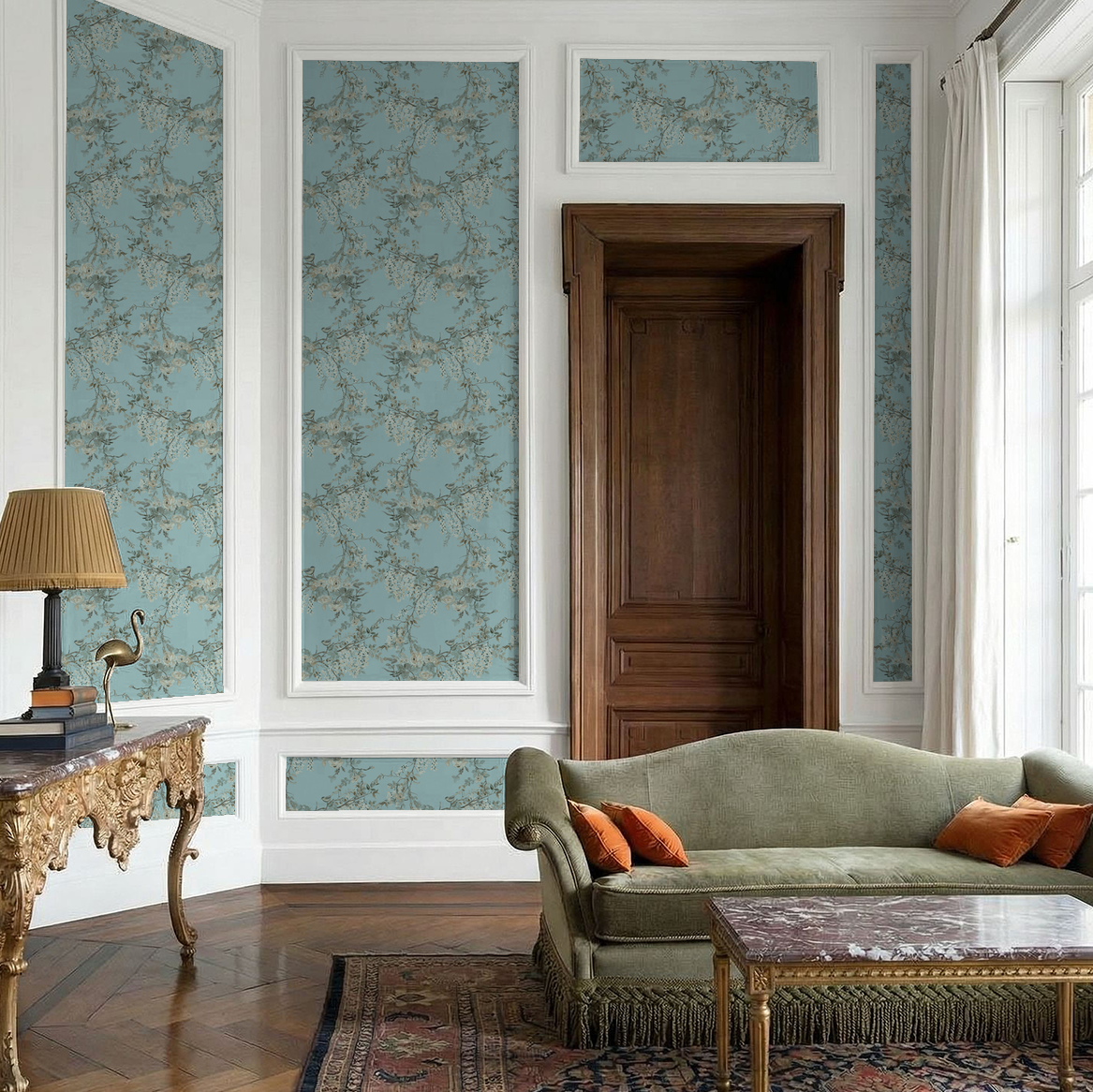 Luxurious living room with ornate sofa, decorative table, and patterned wallpaper.