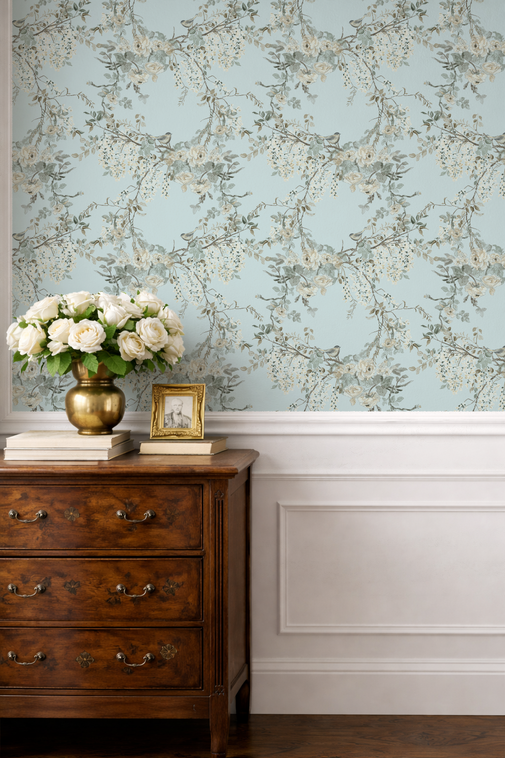 Foyer table with The Morning Room Weeping Wallpaper – Soft Sky Blue Floral & Bird | Traditional Cottage Melissa Dayton Wallpaper