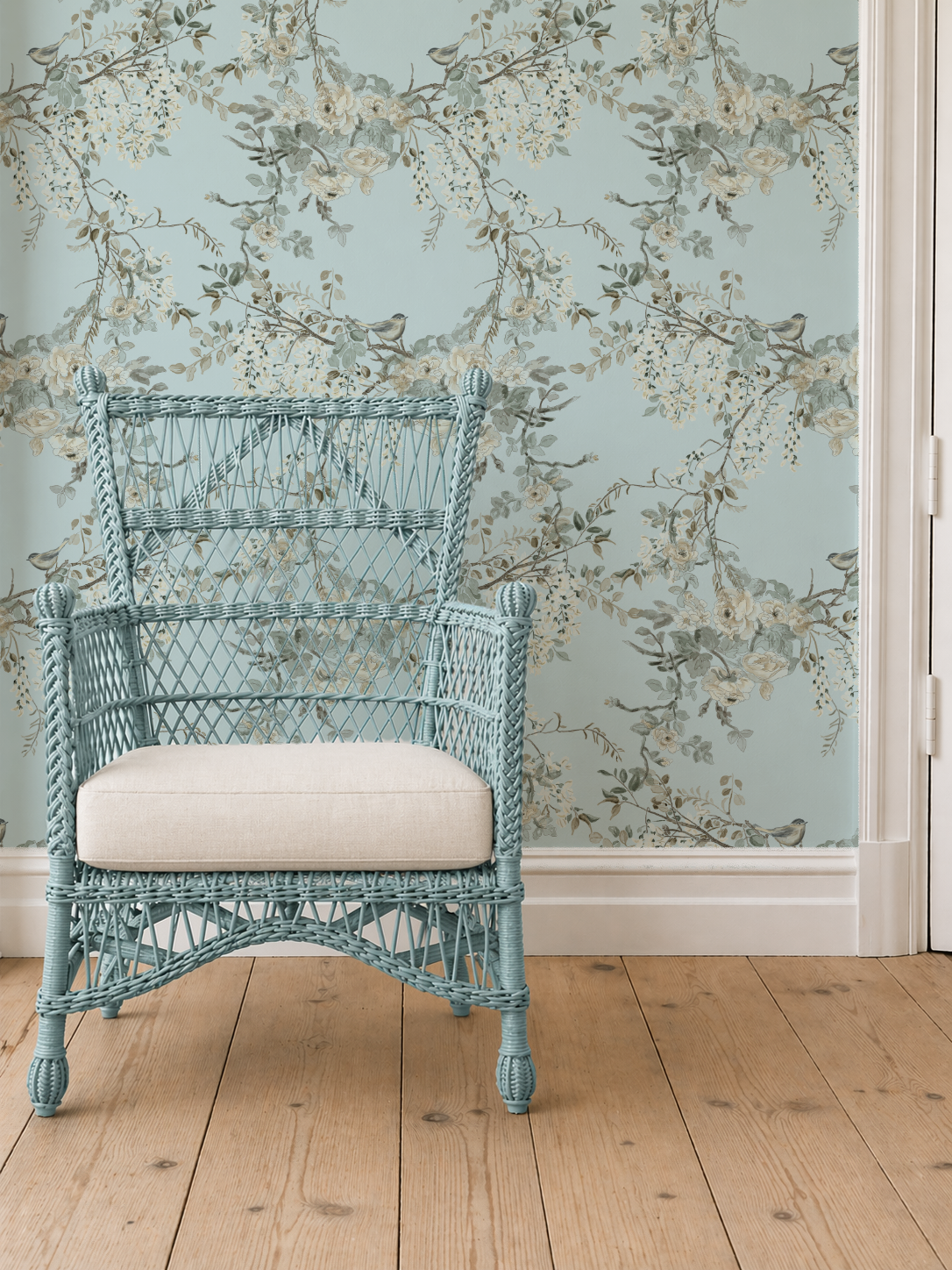 blue_wicker_with_cushion_morning_aqua The Morning Room Weeping Wallpaper – Soft Sky Blue Floral & Bird | Traditional Cottage Melissa Dayton Wallpaper