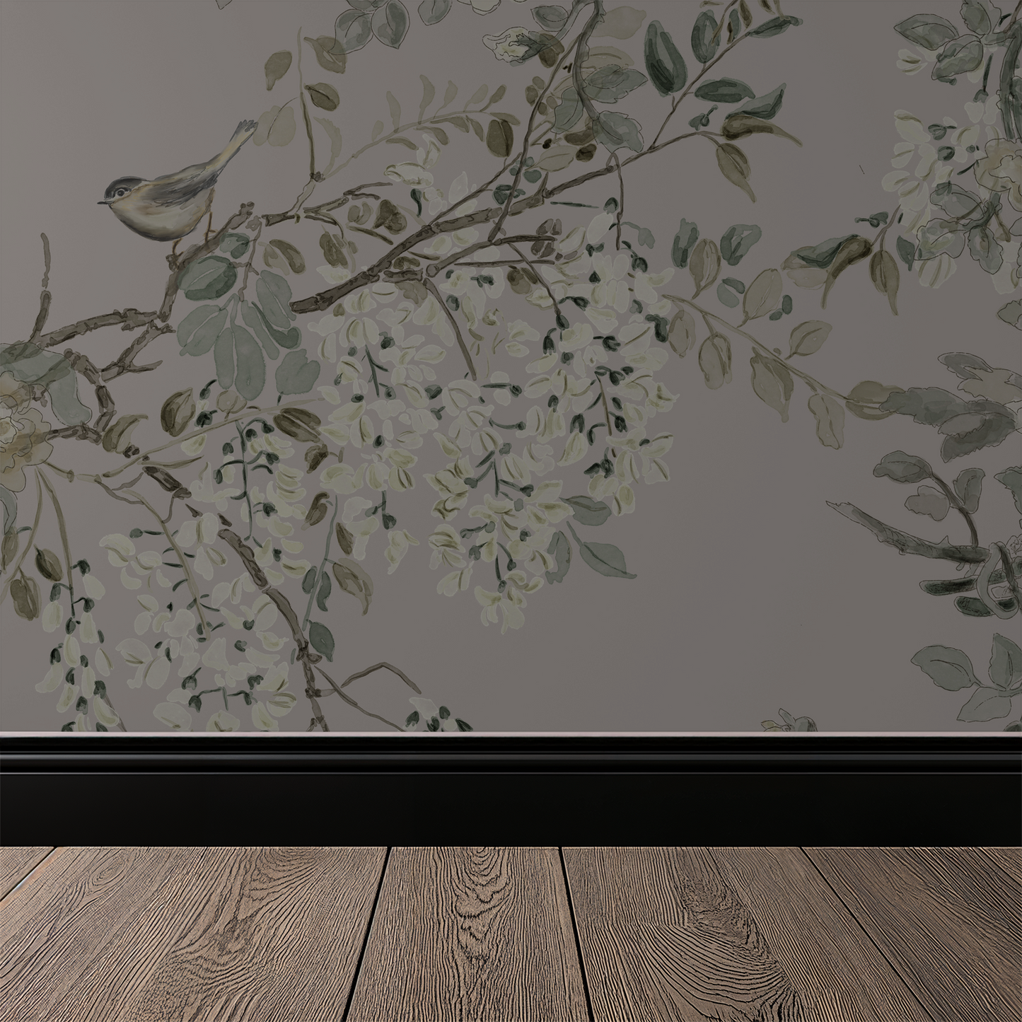 Wallpaper with floral and bird design on a plain wall with wooden flooring.
