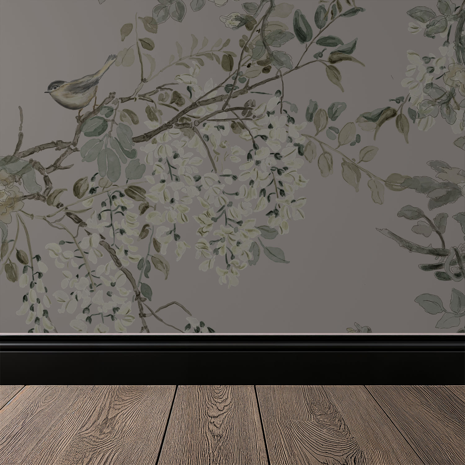 Wallpaper with floral and bird design on a plain wall with wooden flooring.