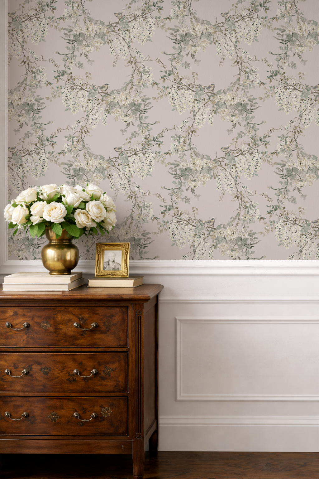 foyer_dresser_The Morning Room Weeping Wallpaper – Vintage Rose Floral & Bird | Traditional Cottage Melissa Dayton Wallpaper