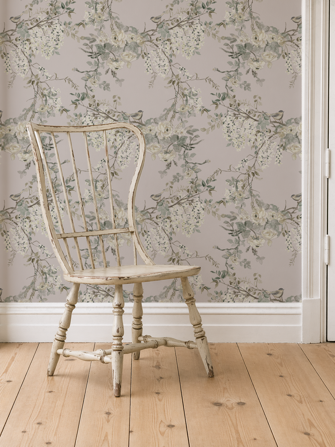 windsor_chair_mock_up_morning_rose The Morning Room Weeping Wallpaper – Vintage Rose Floral & Bird | Traditional Cottage Melissa Dayton Wallpaper