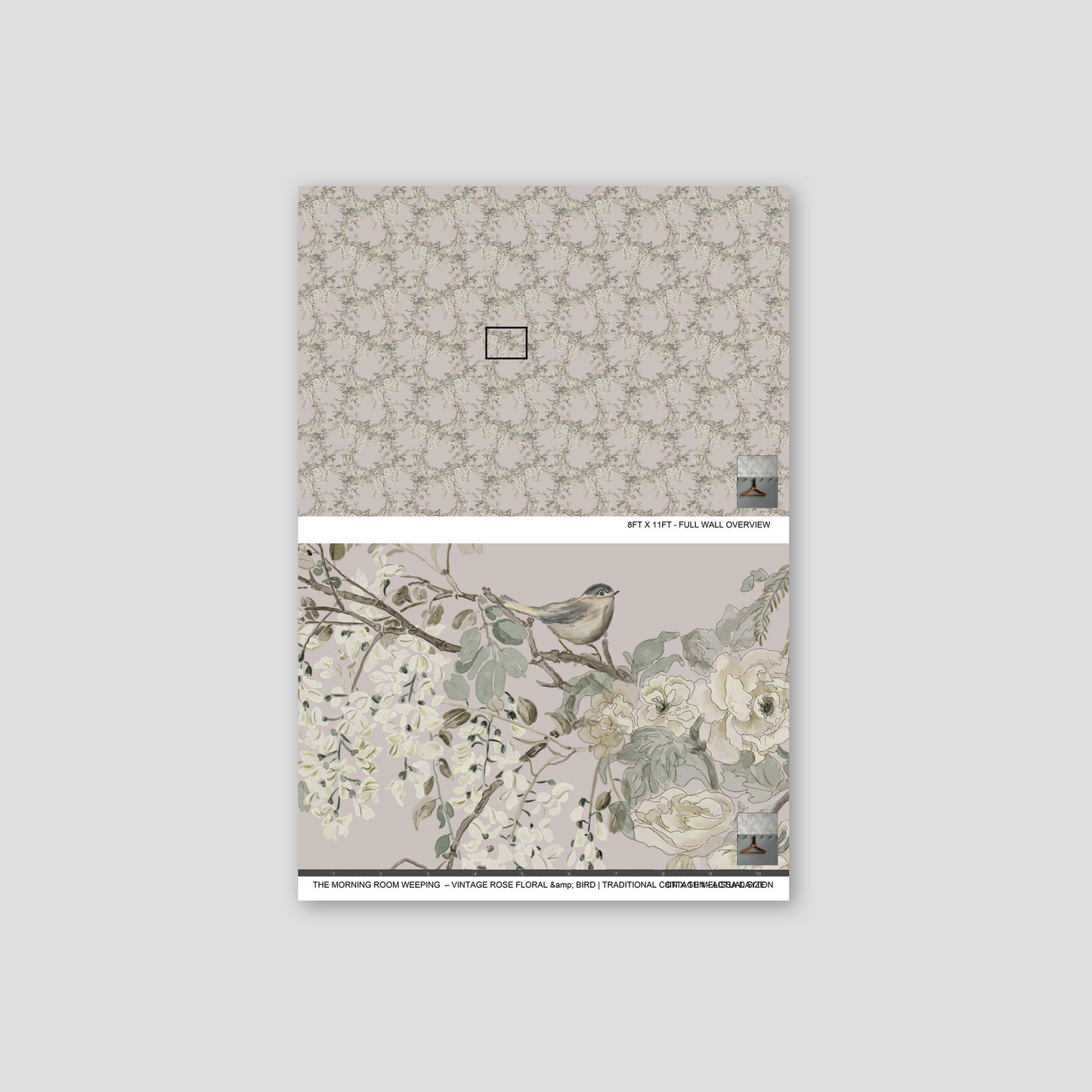 Wallpaper sample with floral design featuring birds on a light gray background