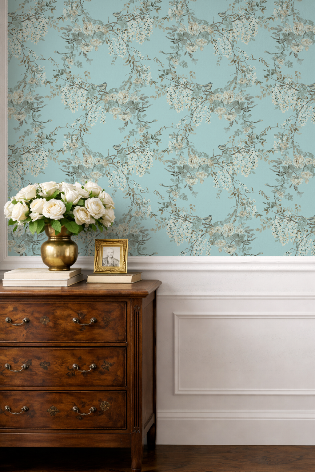 foyer_dresser_The Morning Room | Weeping Wallpaper Melissa Dayton | VanGough Blue