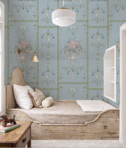 Bedroom with floral wallpaper, wooden bed, and decorative elements.