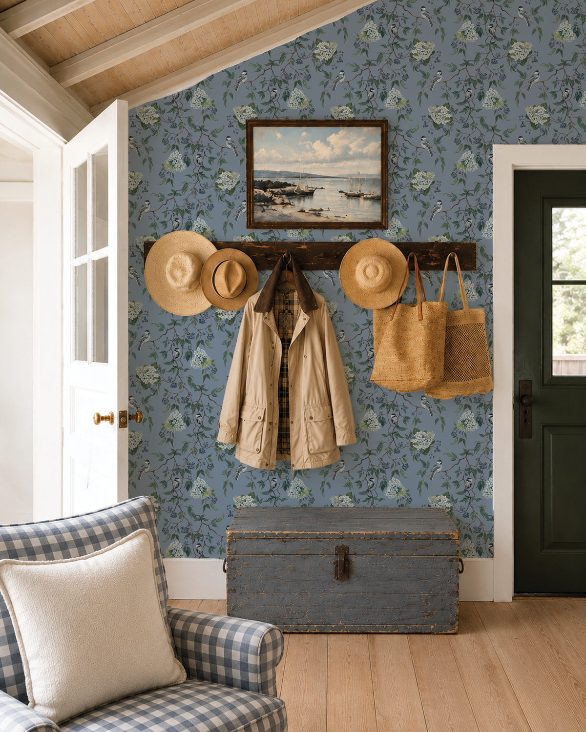 Sunken Garden Coastal Cottage Chickadee and Hydrangea Wallpaper Melissas blue