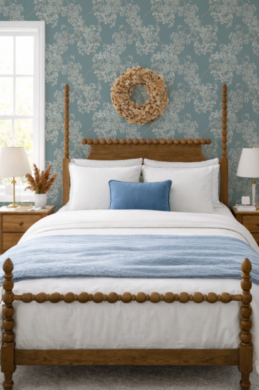 Bedroom with wooden bed, floral wallpaper, and decorative elements.
