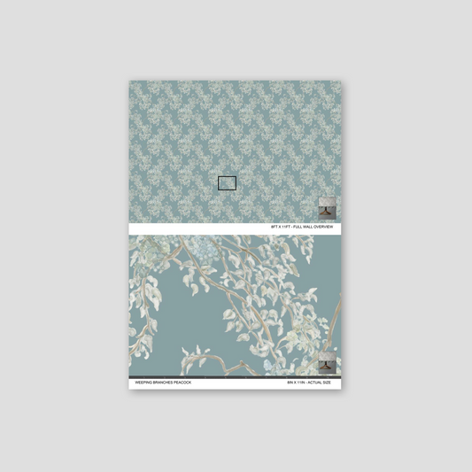 Wallpaper sample with floral design on a light gray background