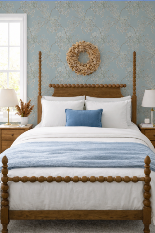 Bedroom with wooden bed, white bedding, and blue striped blanket against a floral wallpaper wall.
