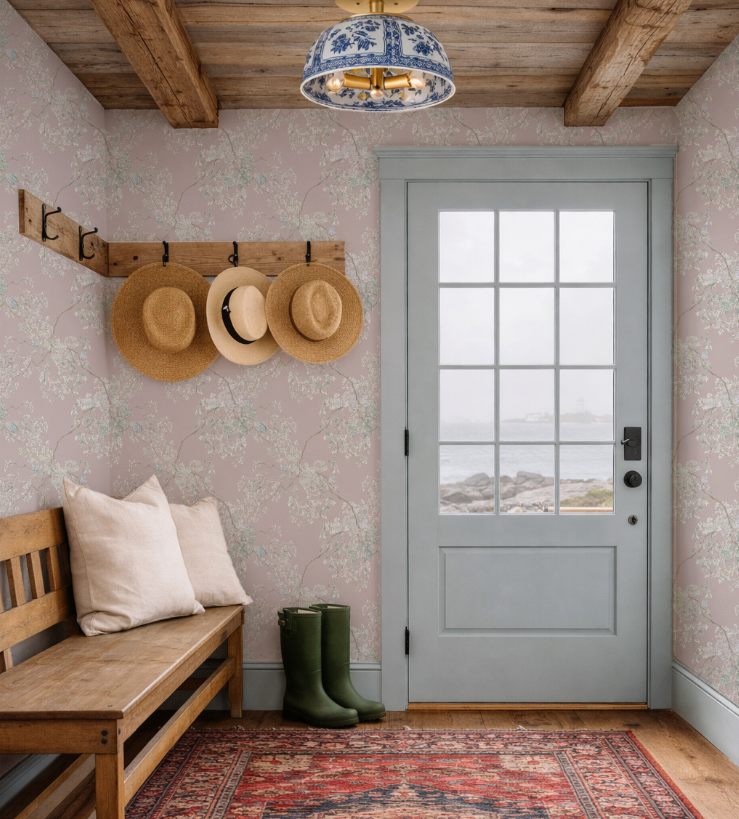 Nook with wooden bench, floral wallpaper, gray door, and decorative rug.