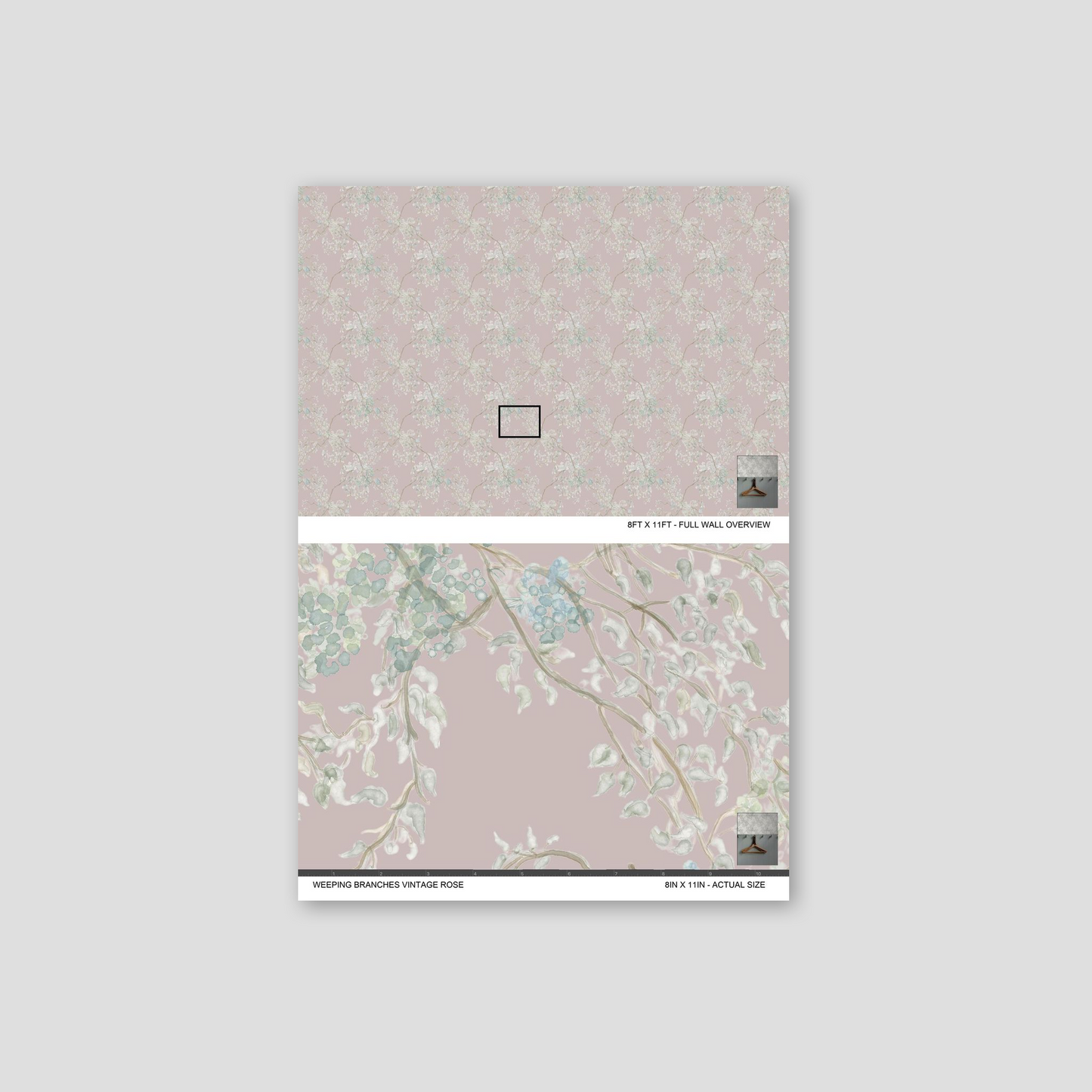 Wallpaper sample with floral design on a light gray background