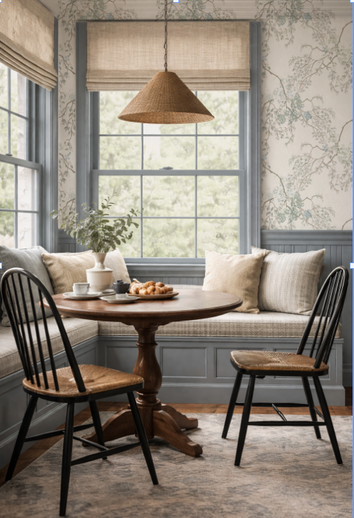 Cozy dining room with wooden table and chairs, cushioned bench, and large window.