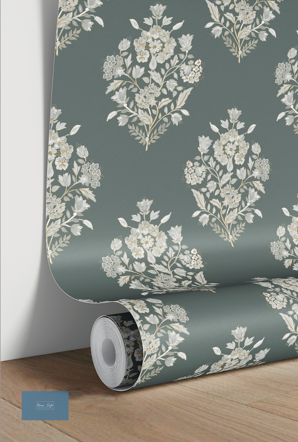 Roll of floral wallpaper with a green background