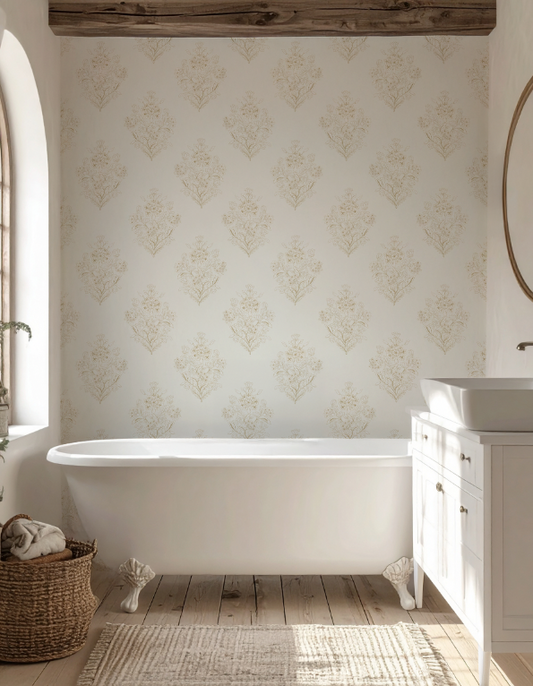 Bathroom with freestanding bathtub, patterned wallpaper, and wooden floor.