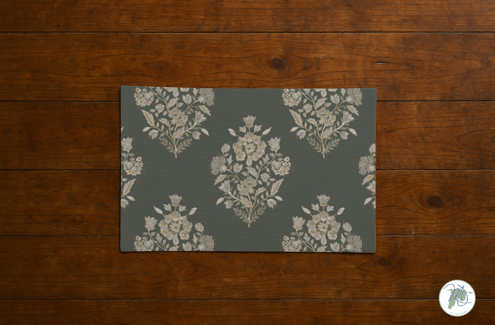 Floral patterned placemat on a wooden surface