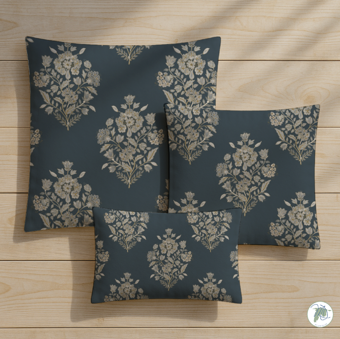 Floral patterned cushions on a wooden surface