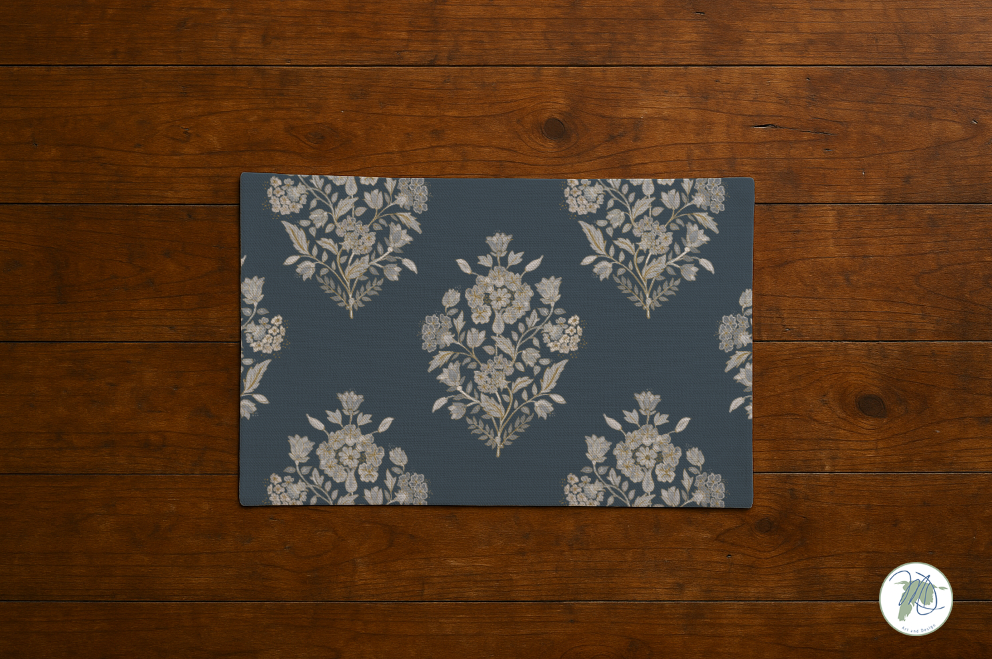 Floral patterned placemat on a wooden surface